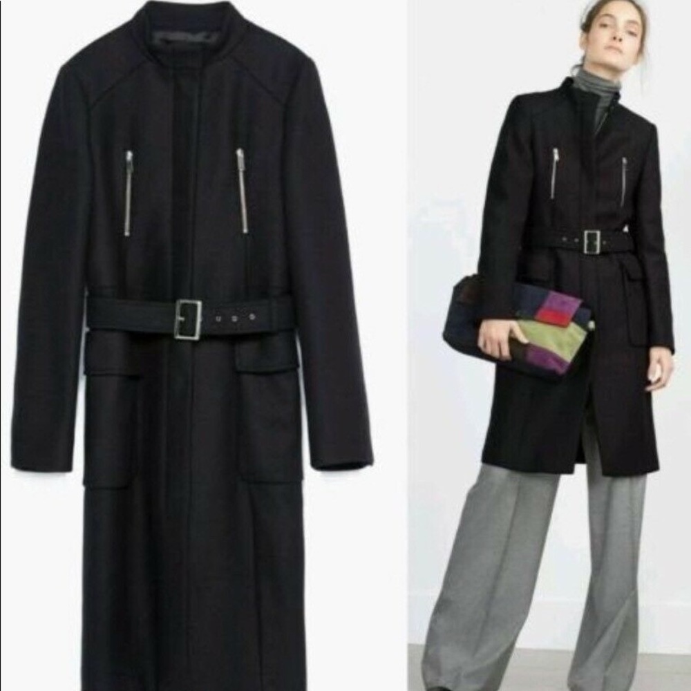 Zara woman funnel neck zipper detail wool coat black small